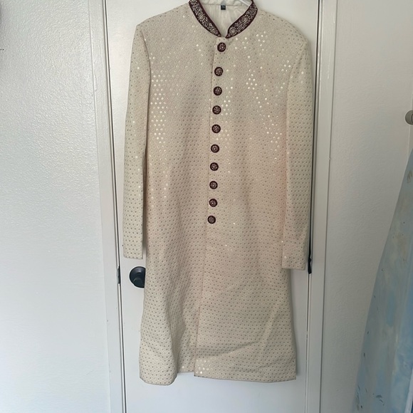 Burgundy and cream sherwani and shawl. - Picture 3 of 6